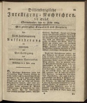 VII. Stück. Sonnabends: den 15. Febr. 1794.