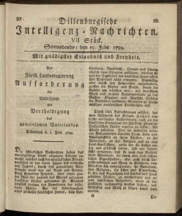 VII. Stück. Sonnabends: den 15. Febr. 1794.