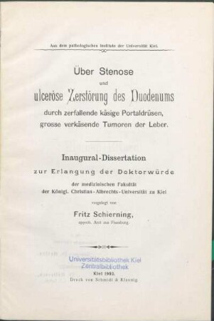 Über Stenose und ulceröse Zerstörung des Duodenums durch zerfallende käsige Portaldrüsen, grosse verkäsende Tumoren der Leber
