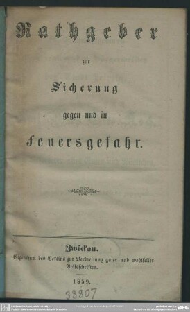 Rathgeber zur Sicherung gegen und in Feuersgefahr