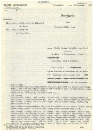Zeugenaussage - Regierungsdirektor Carl Mailänder, Leiter des Landesfürsorgebundes und der Heime und Anstalten