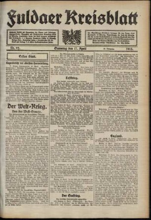 Erste Ausgabe vom Samstag, den 17. April 1915.