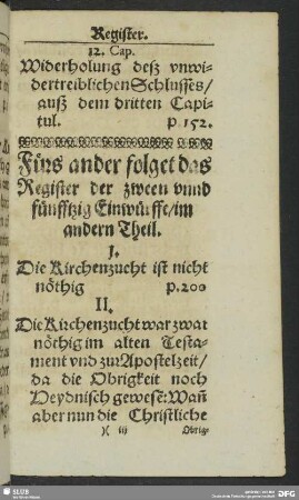 Fürs ander folget das Register der zween unnd fünfftzig Einwürffe, im andern Theil