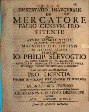 Dissertatio Inavgvralis De Mercatore Falso Censvm Profitente