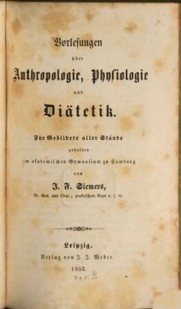 Vorlesungen über Anthropologie, Physiologie u. Diätetik