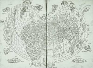 Claudii Ptholemaei Alexandrini Liber Geographiae cum tabulis: Weltkarte mit "Windköpfen" und der antiken Klimazoneneinteilung (am linken Rand)