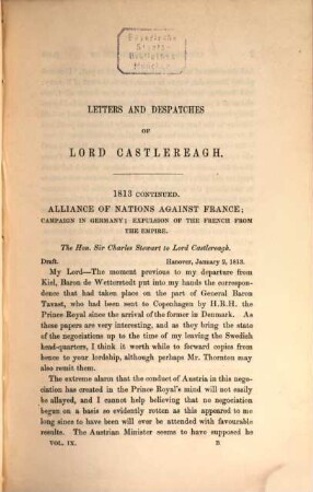 Correspondence, despatches, and other papers of Viscount Castlereagh, second marquess of Londonderry, 9 = 3. series. Military and diplomatic ; 1