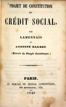 Projet de constitution du crédit social, par Lamennais et Auguste Barbet : 
