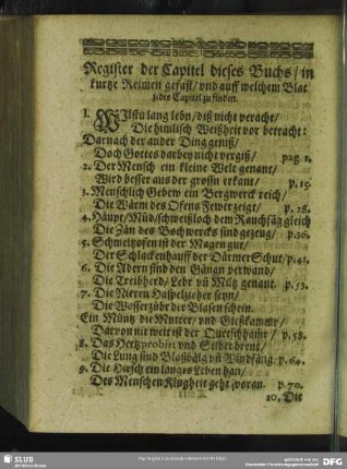 Register der Capitel dieses Buchs, in kurtze Reimen gefast, und auff welchen Blat jedes Capitel zu finden