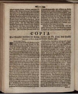 Copia Des Briefes/ welchen der König Jacobus an Se. Heyl. dem Pabst/ sub dato 16. Nov. 1698, aus Dublin abgehen lassen