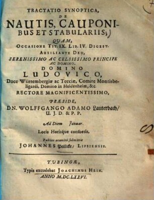 Tractatio synoptica de nautis, cauponibus, stabulariis ...