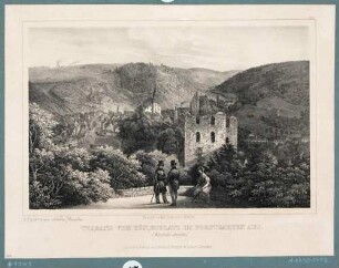 Blick vom Königsplatz im Forstgarten auf die Tharandter Burgruine und die Berg- und Stadtkirche, rechts und links der Ort und im Hintergrund das Weißeritztal in Richtung Hainsberg (Freital)