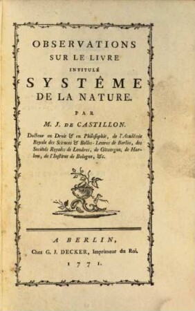 Observations Sur Le Livre Intitulé Systême De La Nature