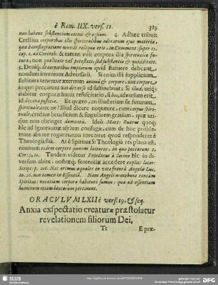 Oraculum LXII e vers: 19. & seq. Anxia exspectatio creaturae praestolatur revelationem filiorum Dei