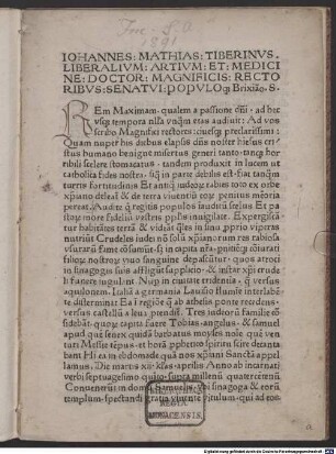 Passio beati Simonis : an Senat und Bürgerschaft von Brescia, Trient 4.4.1475. Mit ‘Miraculum’-Gedicht des Autors