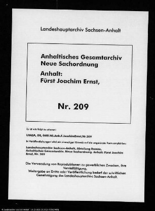 Joachim Ernst an Hagke, Adam, Calbe