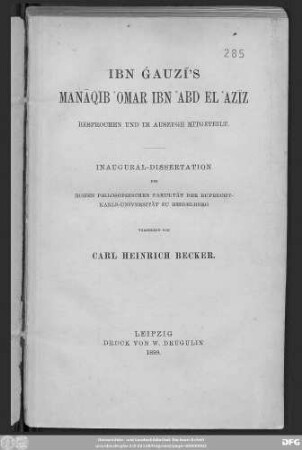 Manāqib ʿUmar Ibn-ʿAbd-al-ʿAzīz : besprochen und im Auszuge mitgeteilt