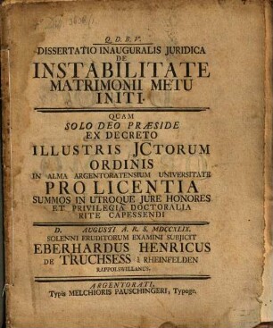 Diss. inaug. de instabilitate matrimonii metu initi
