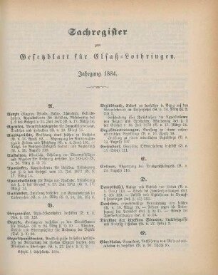 Sachregister zum Gesetzblatt für Elsaß-Lothringen. Jahrgang 1884