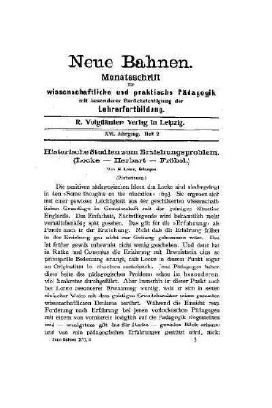 Historische Studien zum Erziehungsproblem : (Locke-Herbart-Fröbel) ; Fortsetzung