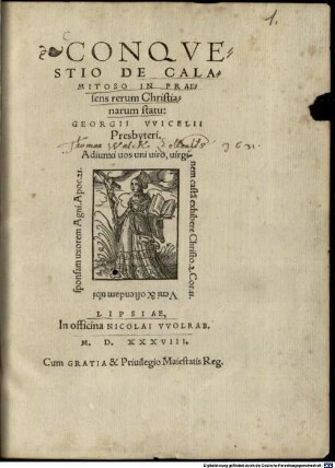 Conqvestio De Calamitoso In Praesens rerum Christianarum statu, Georgii VVicelii Presbyteri