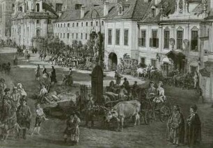 Warschau: Krakauer Vorstadt in Richtung Sigismundus-Säule und des Krakauischen Tores : Wagen, Karossen, Bellotto-Gemälde