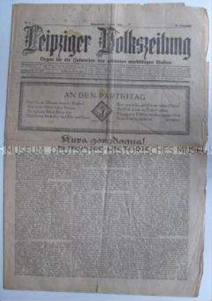 Sozialdemokratische Tageszeitung "Leipziger Volkszeitung" u.a. zum Parteitag der USPD in Leipzig
