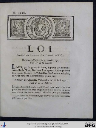 Loi Relative au transport des Convois militaires.