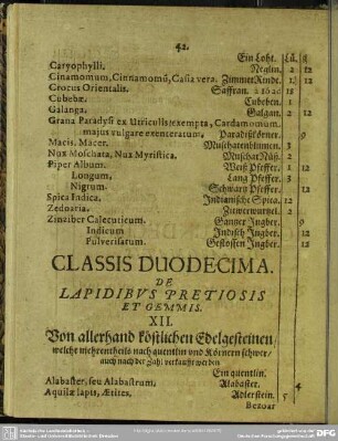 Classis DuoDecima. De Lapidibus Pretiosis Et Gemmis