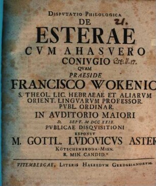 Disputatio philologica de Esterae cum Ahasvero coniugio