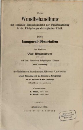 Ueber Wundbehandlung mit specieller Berücksichtigung der Wundbehandlung in der Königsberger chirurgischen Klinik : Inaug. Diss.