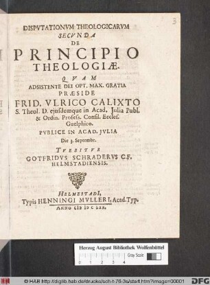 Disputationum Theologicarum Secunda De Principio Theologiae