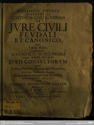 Dissertatio Iuridica Inauguralis Continens Controversias Ex Iure Civili Feudali Et Canonico
