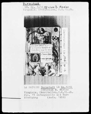 Horarium, franziskanisch — Betende, Verkündigung, wappenhaltende Putten, Folio 13 recto