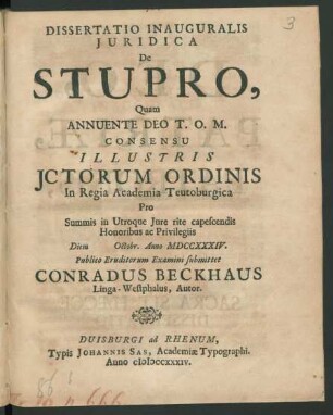 Dissertatio Inauguralis Iuridica De Stupro
