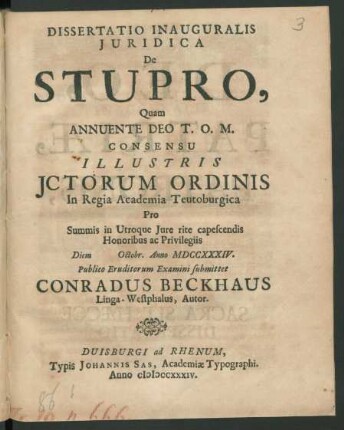Dissertatio Inauguralis Iuridica De Stupro