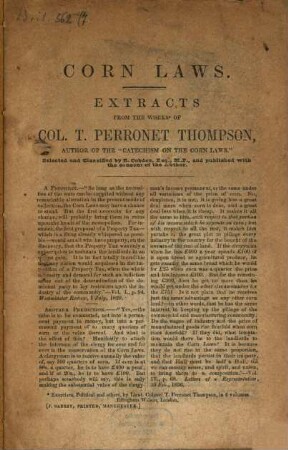 Corn laws : extracts from the works of Col. T. Perronet Thompson, author of the "Catechism on the corn laws"
