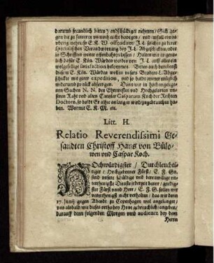 Litt. H. Relatio Reverendissimi Gesandten Christoff Hans von Bülowen und Caspar Koch