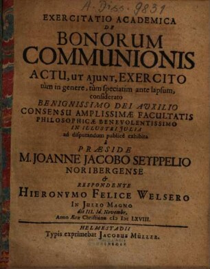 Exercitatio academica de bonorum communionis actu, ut aiunt, exercito, tum in genere, tum speciatim ante lapsum, considerato