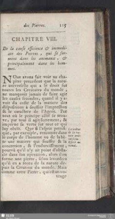 Chapitre VIII. De la cause efficiente & immediate des Pierres, qui se forment dans les animaux, & principalement dans les hommes