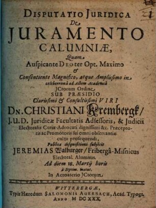 Disputatio Iuridica De Iuramento Calumniae
