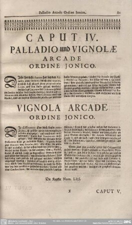 Caput IV. Palladio und Vignolae Arcade Ordine Jonico.