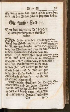 Die fünffte Lection. Von der auf einer der beyden Seiten schief liegenden Gebährutter