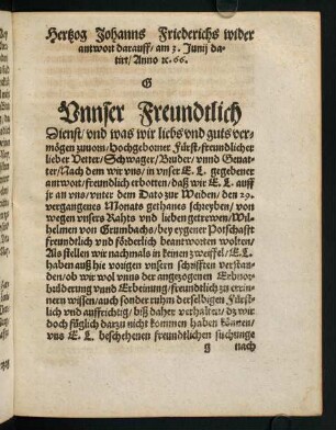 g1r-i4v, Herzog Johanns Friederichs wider antwort ... - Des Churfürsten zu Sachssen, ...