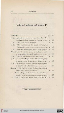 Indice del contenuto nel fascicolo III°