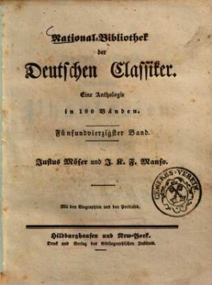 Justus Möser's Patriotische Phantasien : im Auszuge ; mit der Biographie und dem Portrait