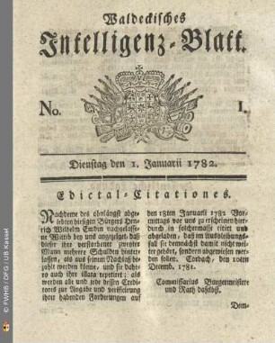 No. 1, Dienstag den 1. Januarii 1782
