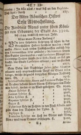 Der Alten Römischen Histori Erste Abwechslung.