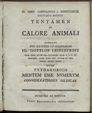 Io. Bern. Constantini a Schoenebeck Doctoris Medici Tentamen De Calore Animali