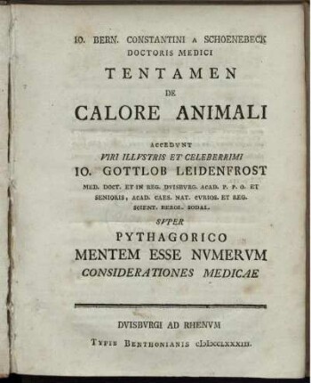 Io. Bern. Constantini a Schoenebeck Doctoris Medici Tentamen De Calore Animali